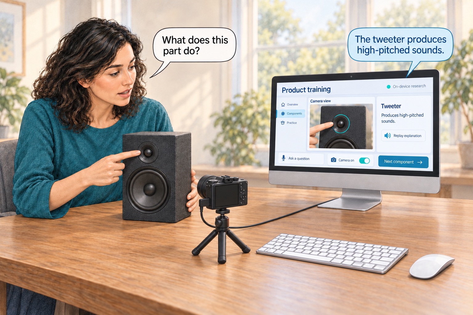 Editorial drawing: A woman points to a loudspeaker’s tweeter and asks what it does. A camera captures the part, and a desktop training workbench highlights it and replies that it produces high-pitched sounds.