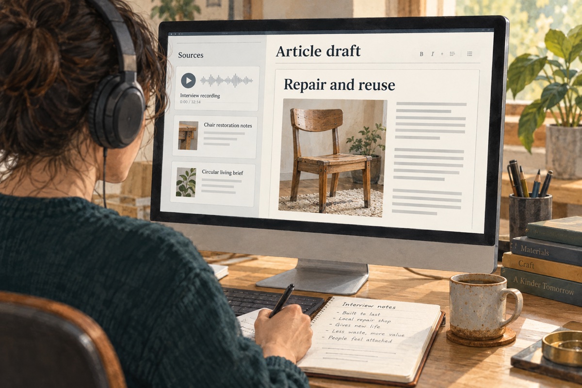 Illustration: An editor listens to an interview and reviews a source-based article draft on a monitor.