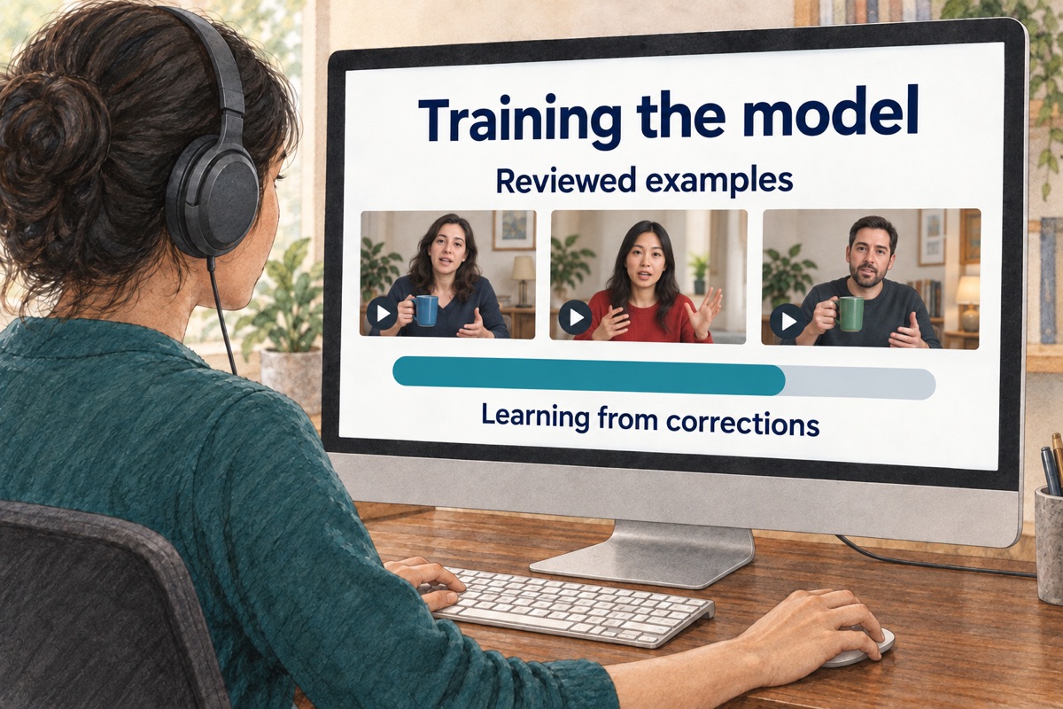 Editorial drawing: A researcher trains a model using reviewed video examples. The screen reads Training the model and Learning from corrections.