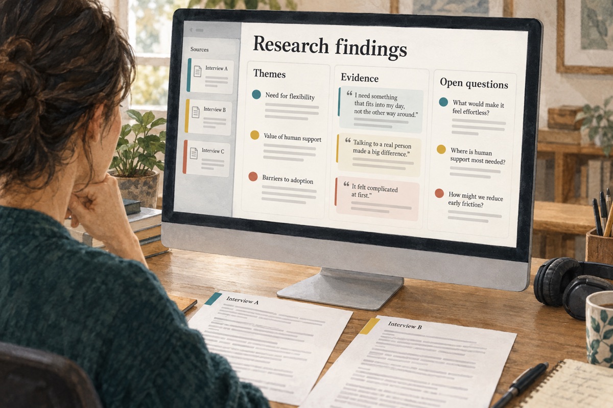 Illustration: A researcher reviews themes, supporting interview evidence and open questions on a screen.